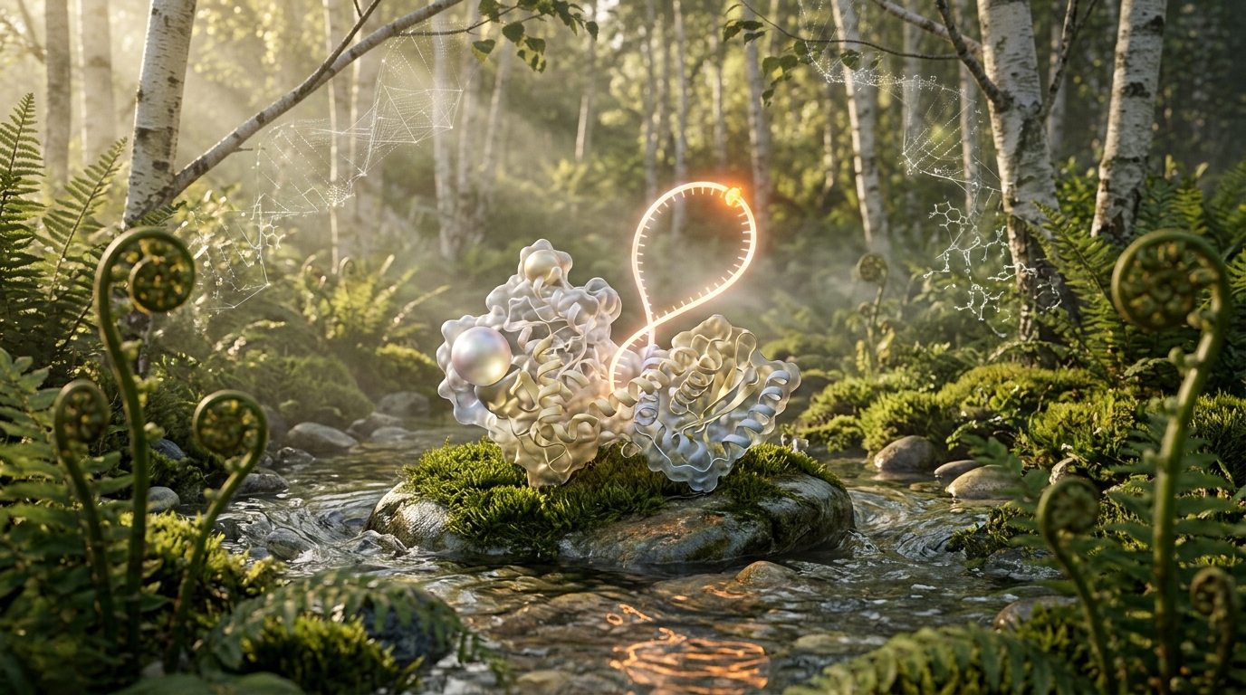 A translucent pearl-and-gold protein complex resting on a moss-covered stone in a birch forest stream, with a luminous RNA loop arcing above it and one glowing amber nucleotide