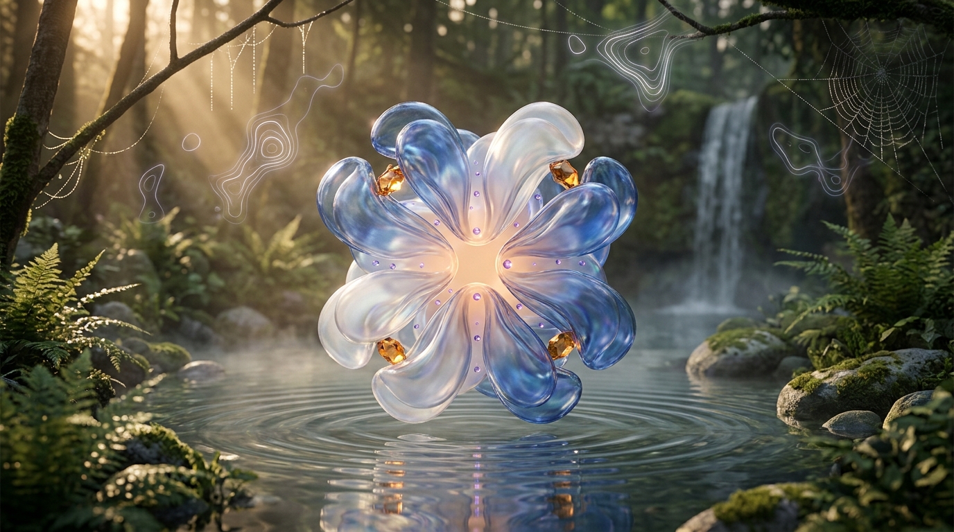 A translucent, glass-petal ion channel rising from a forest pool at dawn, with two amber molecules in opposite clefts and ripples spreading across the water