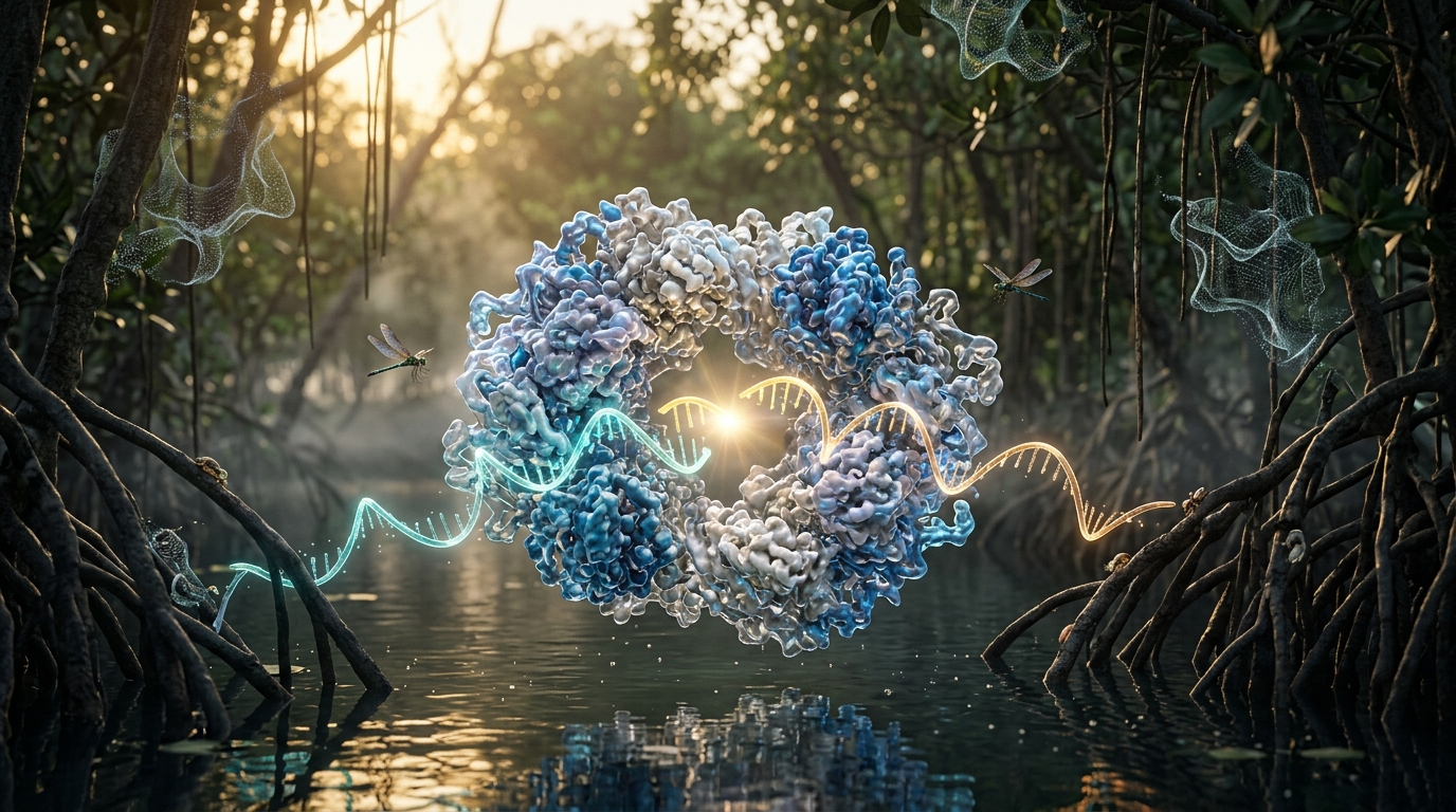 Cryo-EM structure of the trypanosomatid trans-spliceosome, drawn as a luminous protein ring in a mangrove forest, with two RNA strands joining at its core
